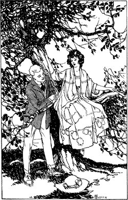 A young woman seated on a low branch of a tree, with a young man leaning in to talk to her.