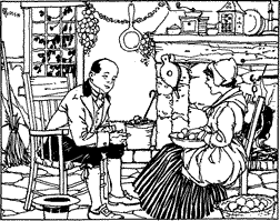 A man and a woman seated in a kitchen with open hearth.