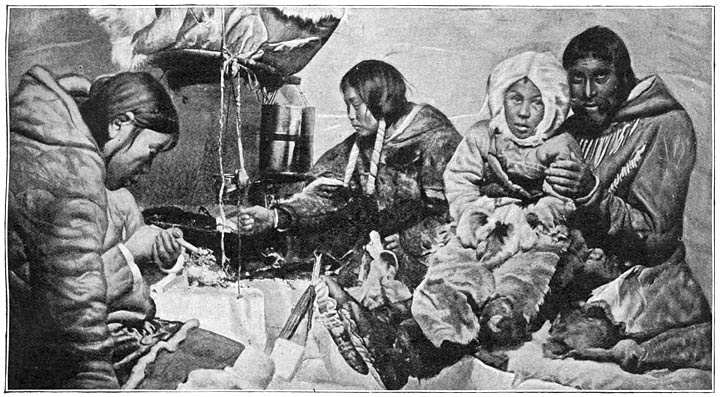 Familietooneel in een Eskimohut.