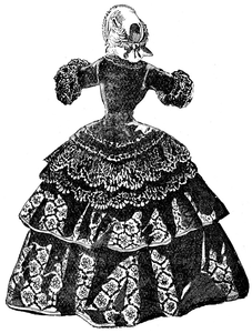 From 1860 to 1865. The hoop-skirt era. The difficult
feat of tying on a bonnet.