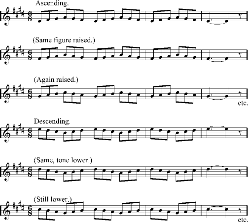 Vocal exercise in E: Ascending./ (Same figure raised.)/
(Again raised.) etc./ Descending./ (Same, tone lower.)/
(Still lower.) etc.