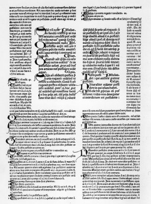 From the Digestum Novum of Justinian, printed at Venice
by Jenson in 1477. The type page of which this is a reduction measures
12-1/2 by 8-1/2 inches. The initials in the original have been filled in
by hand in red and blue.

From the copy in the Library of Brown University