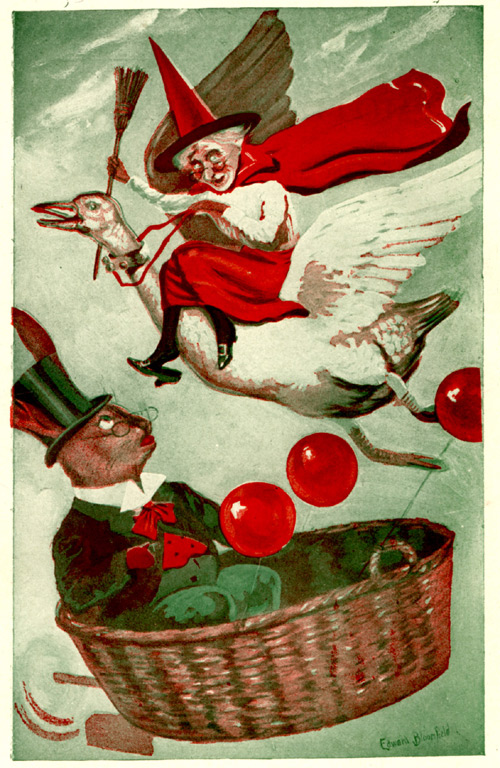 A woman riding a goose runs into Uncle Wiggily in a basket.