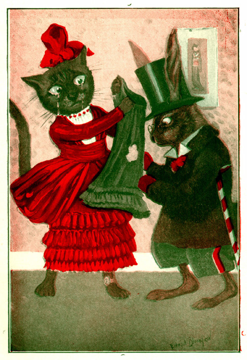 Uncle Wiggily looks at a hole in a skirt held up by a sad cat.