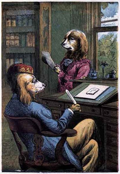 A male dog sitting in an easy chair, talking to a female dog standing in front of him.