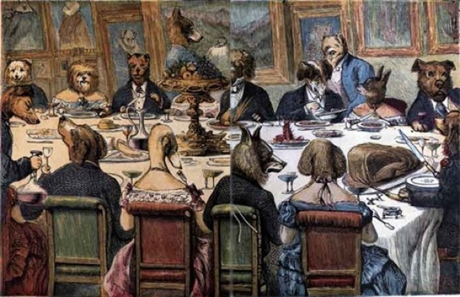 Many dogs seated around a dinner table.