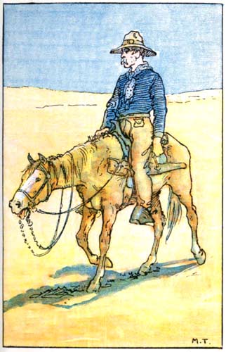 A man riding with loose rein through a desert