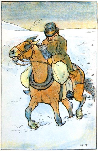 A man riding a draft horse through the snow