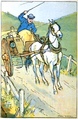 A man whipping a horse pulling a two-wheeled cart