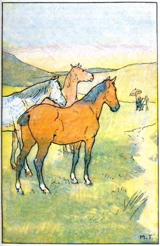 Three horses in a field, looking at two people with a parasol