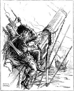 A man in the rigging of a ship