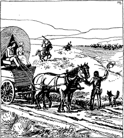 A man standing by two horses hitched to a covered wagon, all looking at a herd of buffalo in the distance