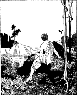 A man dressed in a toga, sitting on a rock in a garden with flowers looking at a bird flying over a river