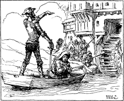 Don Quixote and Sancho in a rowboat about to drift into a waterwheel