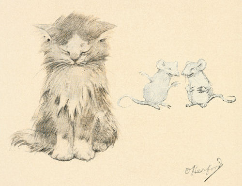 A kitten with its eyes closed, ignoring the two mice laughing behind it