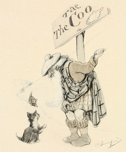 A scotsman points the way to the cow for the kitten sitting in front of him
