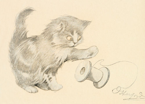 A kitten plays with a reel of thread