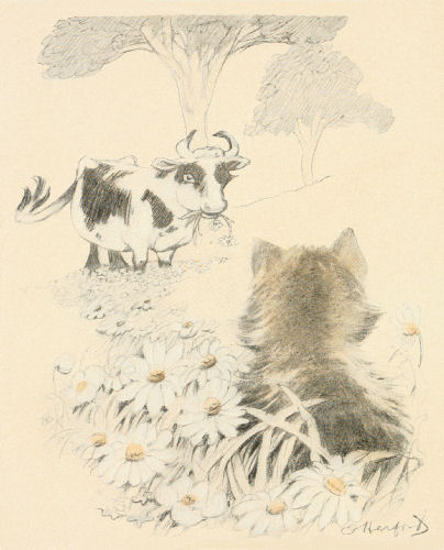 A kitten sits in a clump of daisies watching a cow eating grass