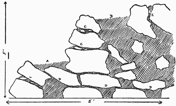 Cross-section of rock garden construction, showing
 shallow (A) and deep (B) soil pockets; tilting and wedging of rocks (C);
 bridging (D), and perpendicular crevice soil run (E). Two to three
inches of soil between all joints. The lowest rocks are partly buried