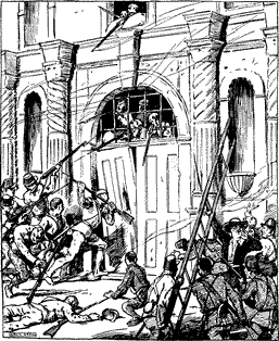 A group of people attacking the entrance to the Alamo, breaking down the door