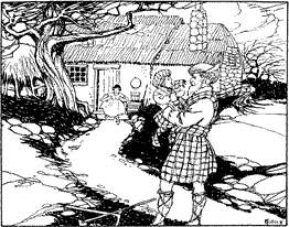 A man picking up a small child in front of a cottage, with a young girl runs to join them