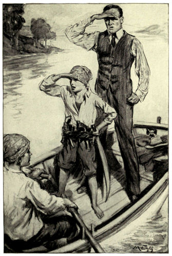 The man and two boys in a boat, one of the boys rowing