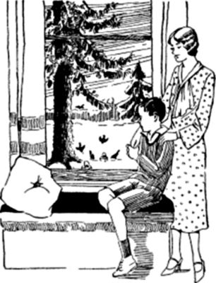 A boy sits in a window seat, his mother standing behind him.