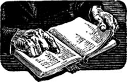 Hands holding an open book; an index finger marking a point on a page.