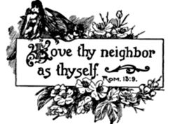 Two birds perch on a sign reading 'Love thy neighbor as thyself.
Rom. 13:9.'