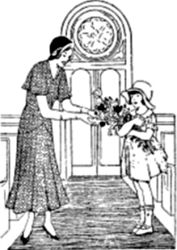 A little girl gives some flowers to her mother.