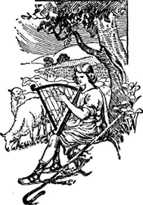 A young shepherd sits under a tree, playing a harp; sheep graze nearby.