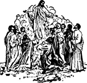 Jesus, surrounded by his disciples, ascends to heaven.