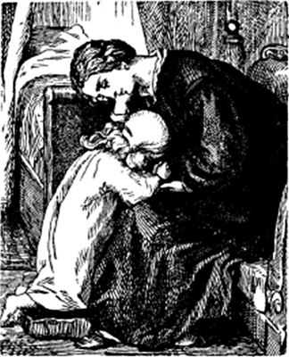 A child kneels in prayer, hands resting in her mother's lap.