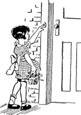 A little girl, carrying a bunch of flowers, presses a doorbell.