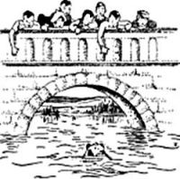 Children lean over a bridge watching a dog swimming with a stick in his mouth.