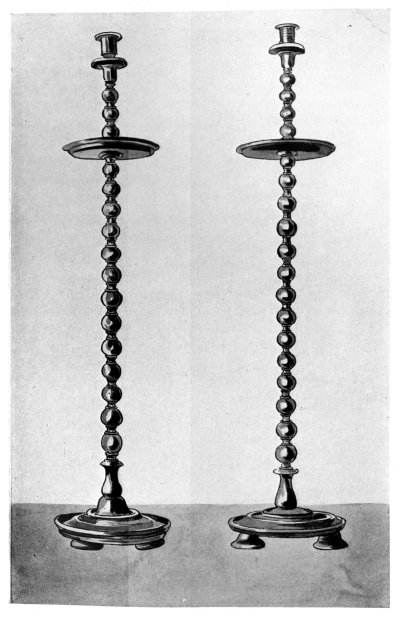 FIG. 16.—TWO WALNUT WOOD FLOOR-CANDLESTICKS.

(In the collection of W. Egan & Sons, Ltd., of Cork.)