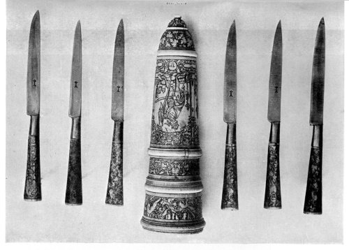 FIG. 18.—HANDSOMELY DECORATED KNIFE CASE AND CONTENTS.

(In the Victoria and Albert Museum.)