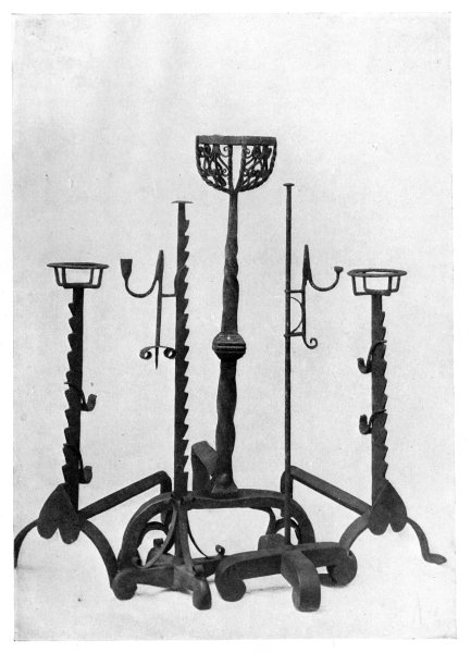 FIG. 2.—ANDIRONS WITH RATCHETS.
FIG. 3.—ORNAMENTED CRESSET DOGS.
FIG. 4.—TELESCOPIC RUSH AND CANDLE HOLDER.
FIG. 5.—RATCHET RUSH AND CANDLE HOLDER.