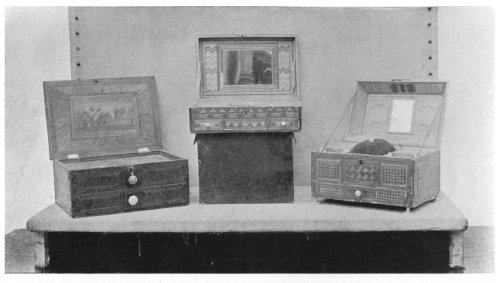 FIG. 76.—THREE OLD WORKBOXES.

(In the collection of Mr. Phillips, of Hitchin.)