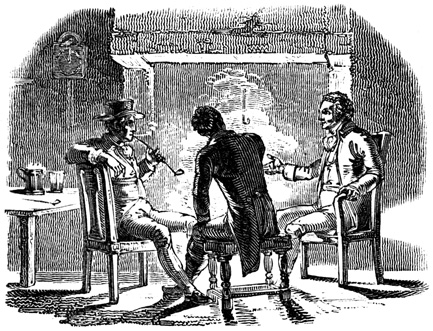 Three men sit on wooden chairs before a fireplace.