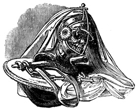Vignette of a skeletal head in a helmet, surrounded by a veil.