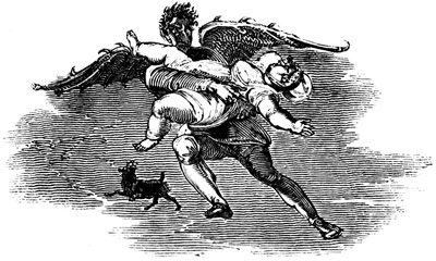 A winged devil carries a woman in his arms. There is a dog nearby.