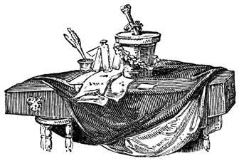 Vignette of a mortar and pestle sitting atop a draped casket.