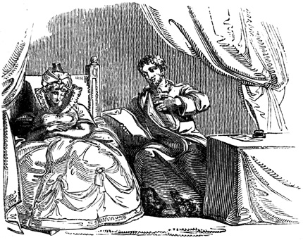 A man reads to a demure woman.