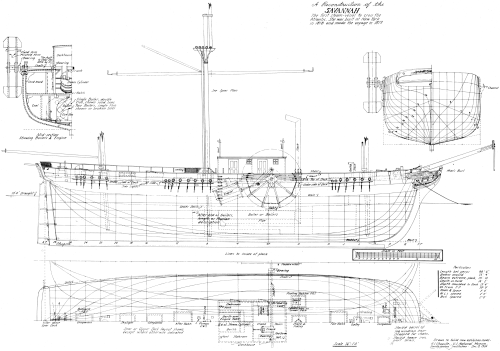 Figure 6.—Reconstruction of the hull lines and general
arrangement of the Savannah.