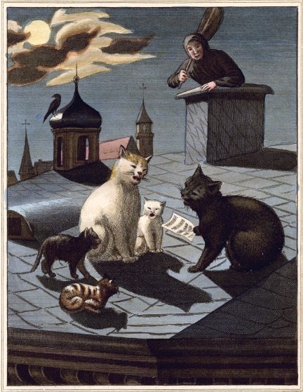 Katzenfamilie mit Musik, und Schornsteinfeger auf dem Dach