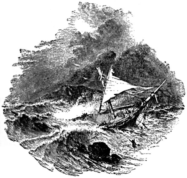 A ship running aground on rocks in high seas