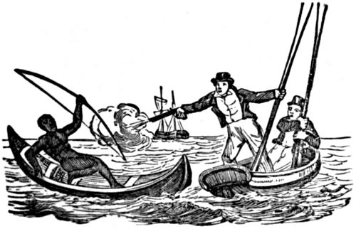 Two sailors in a rowboat pursue and shoot at a man, armed with a bow, in a canoe