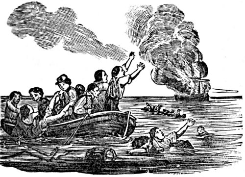 Sailors row and swim away from a burning ship