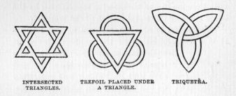 Intersected triangles.  Trefoil placed under a triangle. Trequetra.